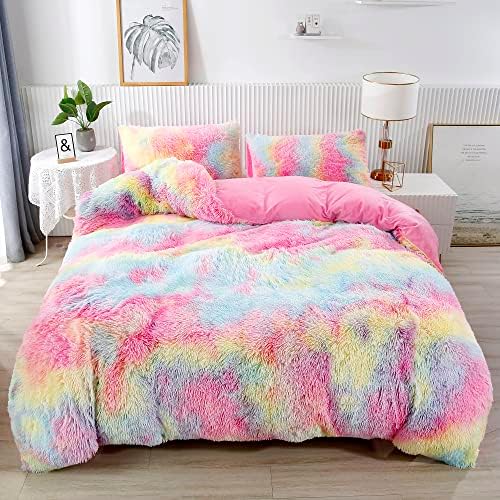RYNGHIPY 3Pcs Rainbow Girls Queen Duvet Set with Hidden Zipper
