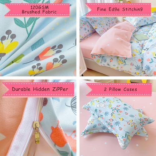 Kids Cartoon Bedding Set with Bunny and Floral Duvet Cover 3PCS