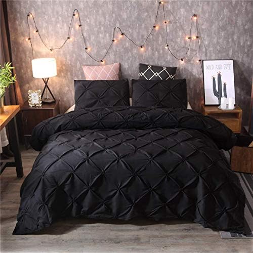 Feelyou Pinch Pleated Duvet Cover Set - Solid Black with 2 Pillow Shams