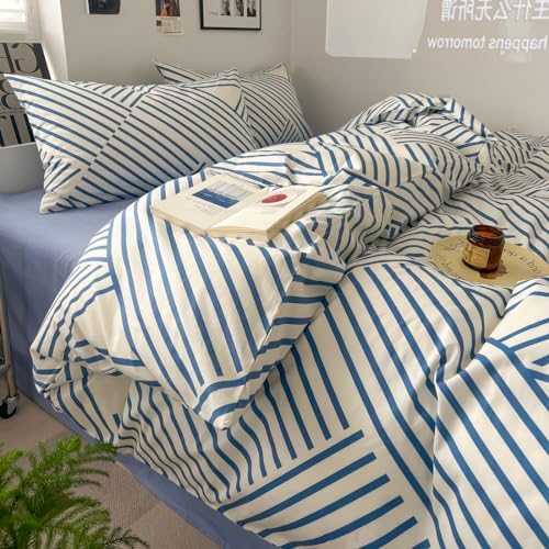 LIWHENHAO 100 Cotton Duvet Cover Set Queen Modern Blue Stripe
