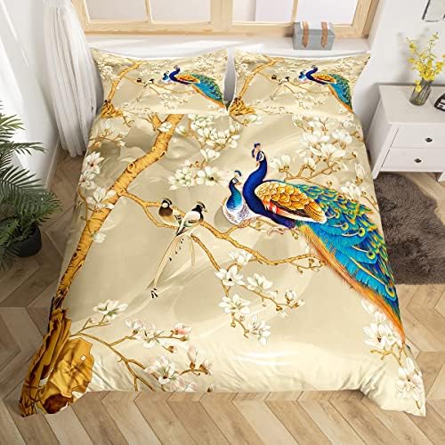 Feelyou Peacock Duvet Cover Set with Floral Pillowcases King Size