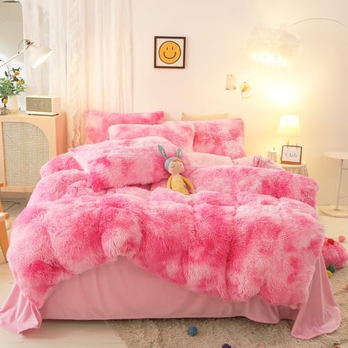 SUCSES Pink Fluffy Duvet Cover Set 3 Pieces