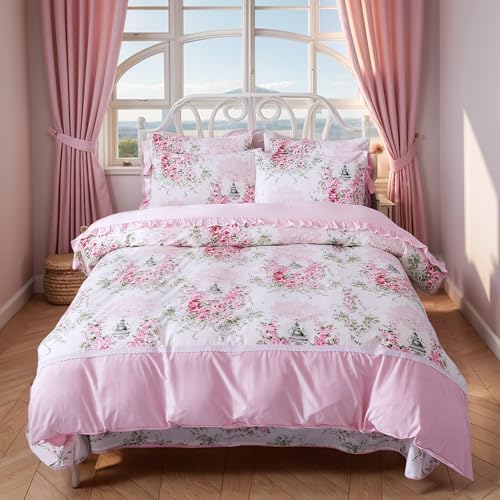 FADFAY Sweet Pink Floral Duvet Cover Set 5Pcs Twin XL