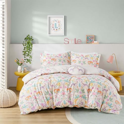 Twin Duvet Cover Set with Jungle Animals and Reversible Floral Design