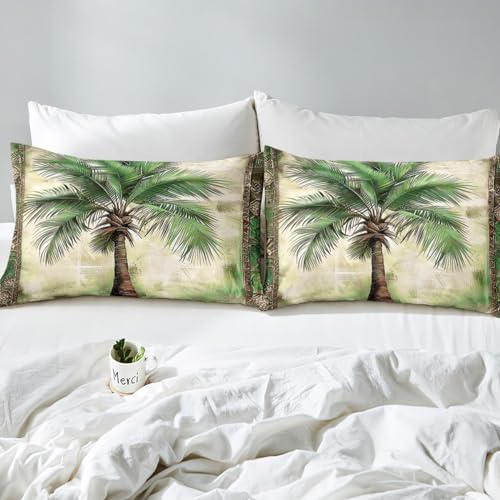 Feelyou Green Palm Tree Print Queen Duvet Cover Set 3Pcs No Comforter