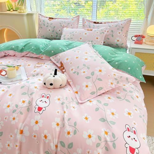 OranFran Kids Cartoon Duvet Cover Set Pink Floral 3PCS Reversible Kawaii