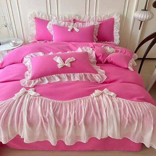 SOUKECHY Girls Lace Bedding Set Hot Pink Queen Duvet Cover with Bow Ruffles