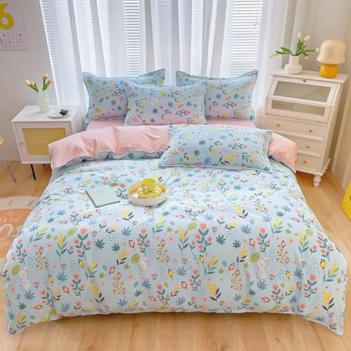Kids Cartoon Bedding Set with Bunny and Floral Duvet Cover 3PCS