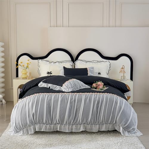MOOWOO Chic Ruffle Lace Duvet Cover Set - Black Full Size 1