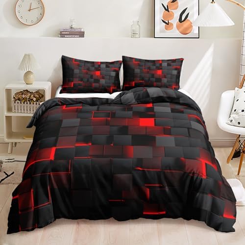 Nttopship Geometric Red Black Duvet Cover Set Queen Size 3PCS 1