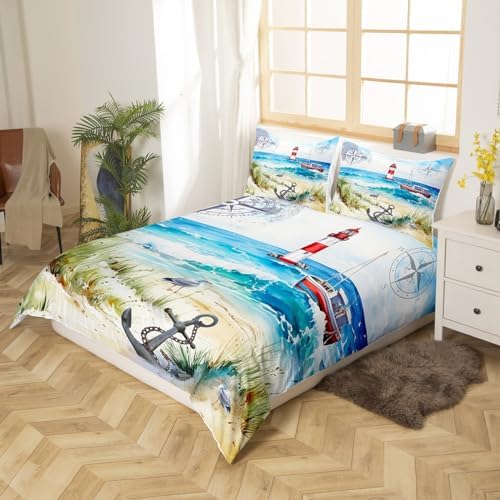 Castle Fairy Ocean Beach Queen Duvet Set with Lighthouse Sailboat Anchors