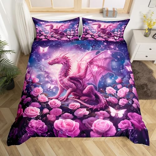 Homewish Pink Dragon Duvet Cover Set for Kids Room
