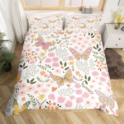 Feelyou Pink Butterfly Duvet Cover Set Twin Size 2Pcs