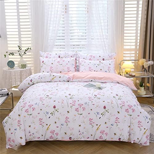 URBONUR Pink Floral Queen Duvet Cover Set 3 Piece