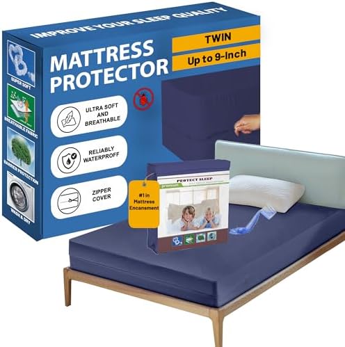 Greaton Zippered Mattress Protector Cover Waterproof Blue Twin