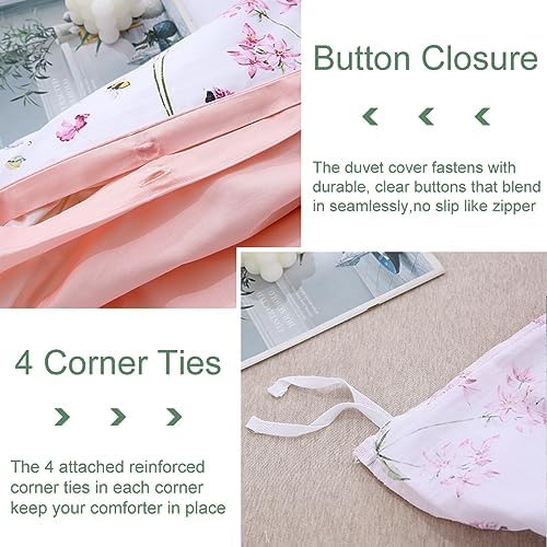 URBONUR Pink Floral Queen Duvet Cover Set 3 Piece