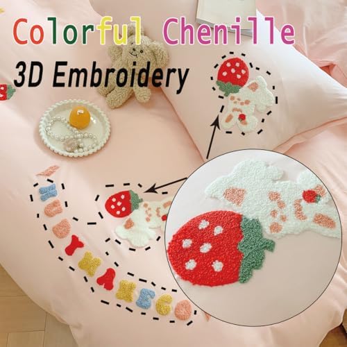 KASBLUEL Pink Strawberry Floral Duvet Cover Set 3Pcs Queen Size