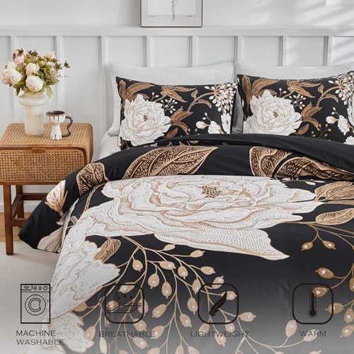 MKXI Gold Floral Black Duvet Cover Twin XL Set