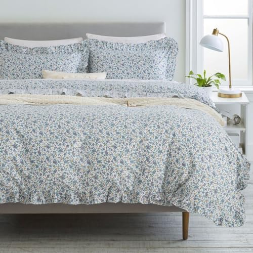 DAUAOTO Duvet Cover Set with Ruffle 100 Cotton Blue Floral