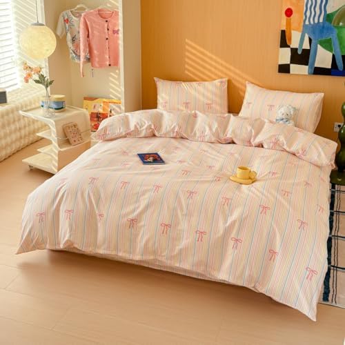 LIWHENHAO Pink Bow Rainbow Stripes Duvet Cover Set Twin