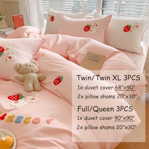 KASBLUEL Pink Strawberry Floral Duvet Cover Set 3Pcs Queen Size