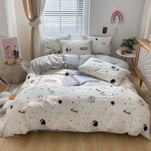 LAYENJOY Space Duvet Cover Set Queen 100 Cotton Cartoon Astronaut