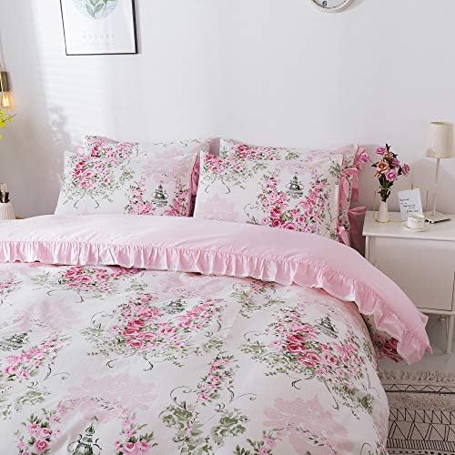 FADFAY Sweet Pink Floral Duvet Cover Set 5Pcs Twin XL