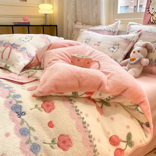 KASBLUEL 3Pcs Bedding Set Pink Cherry Rabbit Duvet Cover