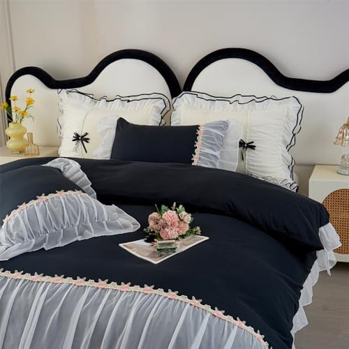 MOOWOO Chic Ruffle Lace Duvet Cover Set - Black Full Size 1