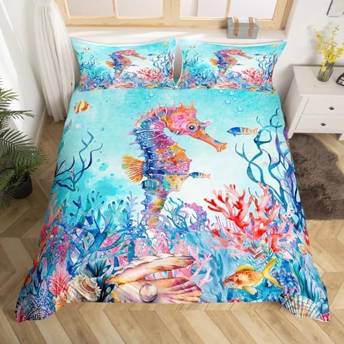 Feelyou Seahorse Duvet Cover Set - Full Size Lightweight Kids Bedding