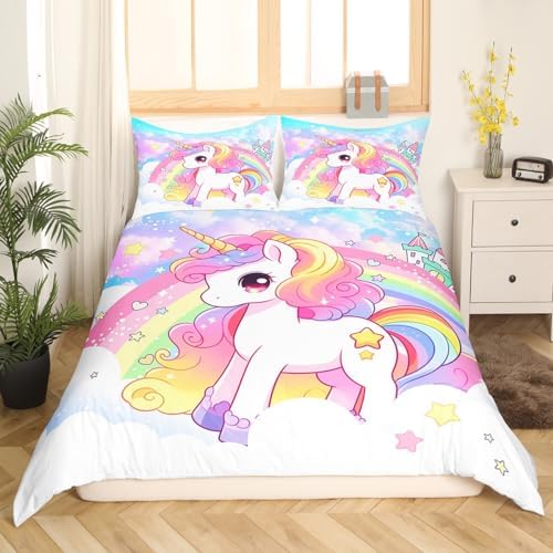 Manfei Cute Unicorn Queen Duvet Cover Set with Rainbow Stars