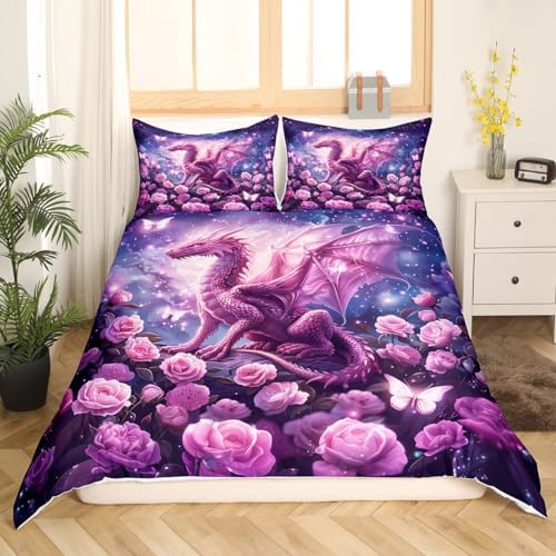 Homewish Pink Dragon Duvet Cover Set for Kids Room