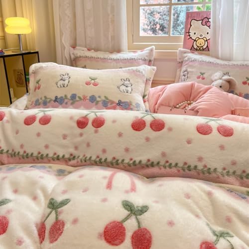 KASBLUEL 3Pcs Bedding Set Pink Cherry Rabbit Duvet Cover
