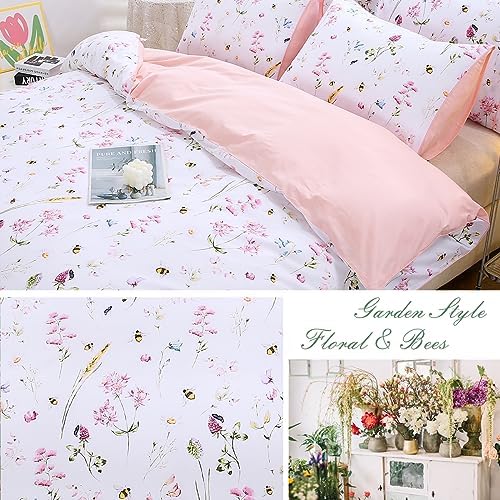 URBONUR Pink Floral Queen Duvet Cover Set 3 Piece