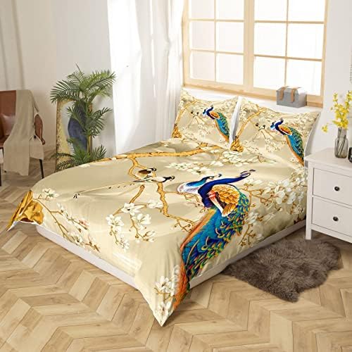 Feelyou Peacock Duvet Cover Set with Floral Pillowcases King Size
