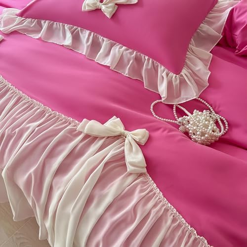 SOUKECHY Girls Lace Bedding Set Hot Pink Queen Duvet Cover with Bow Ruffles