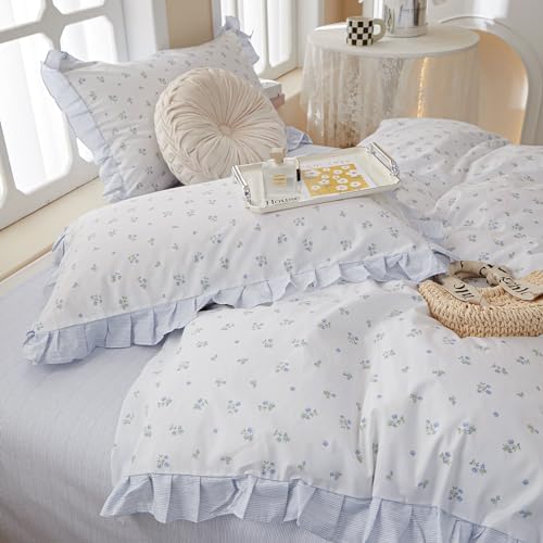 Chic Blue Ruffle Floral Queen Duvet Cover Set 3Pcs