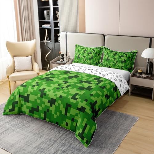 Green Pixelated Gamer Duvet Cover Set 3 PCS