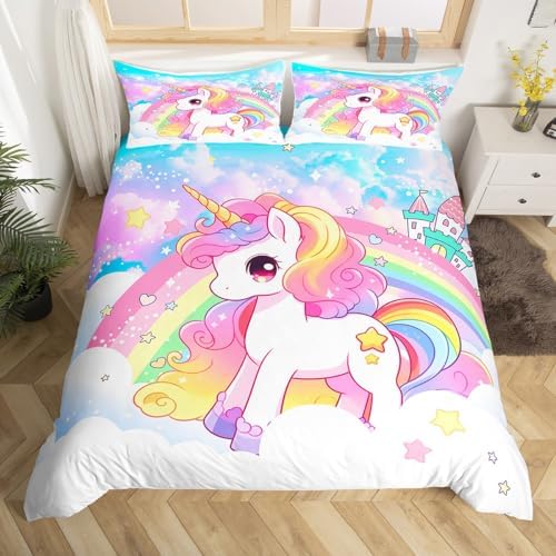 Manfei Cute Unicorn Queen Duvet Cover Set with Rainbow Stars