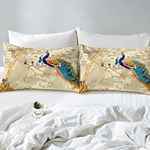 Feelyou Peacock Duvet Cover Set with Floral Pillowcases King Size