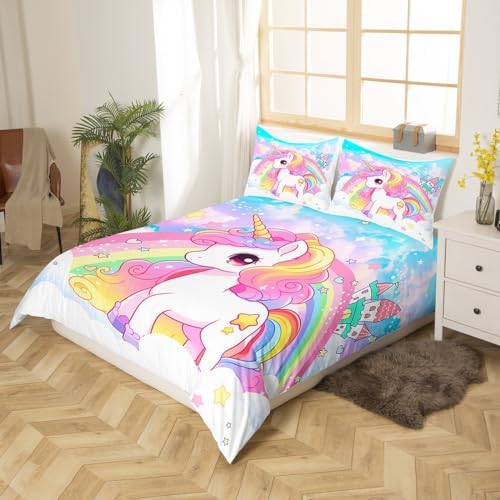 Manfei Cute Unicorn Queen Duvet Cover Set with Rainbow Stars