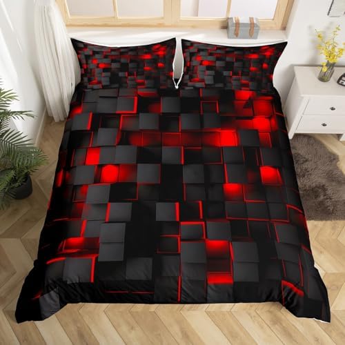 Feelyou Queen Duvet Cover Set Red Black Geometric Design