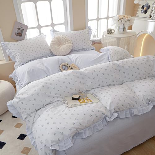 Chic Blue Ruffle Floral Queen Duvet Cover Set 3Pcs