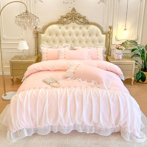Ruffle Lace Duvet Cover Set King Size with Zipper Chiffon Trim