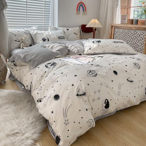 LAYENJOY Space Duvet Cover Set Queen 100 Cotton Cartoon Astronaut