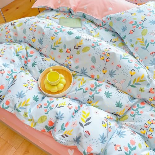 Kids Cartoon Bedding Set with Bunny and Floral Duvet Cover 3PCS