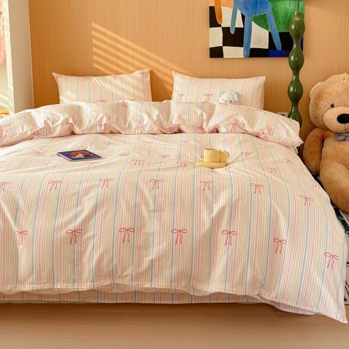 LIWHENHAO Pink Bow Rainbow Stripes Duvet Cover Set Twin