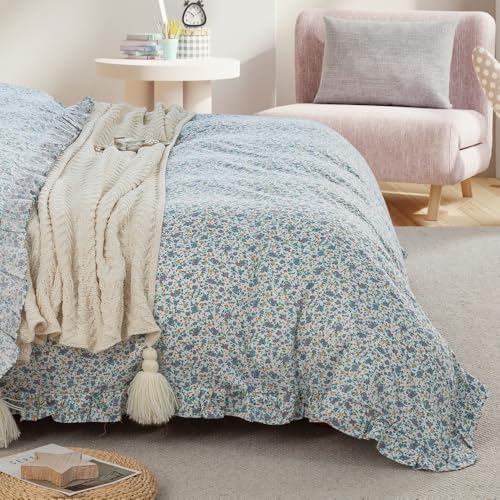 DAUAOTO Duvet Cover Set with Ruffle 100 Cotton Blue Floral