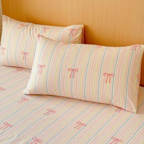 LIWHENHAO Pink Bow Rainbow Stripes Duvet Cover Set Twin