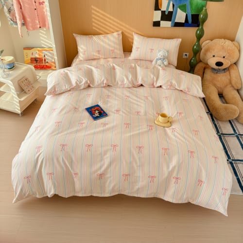 LIWHENHAO Pink Bow Rainbow Stripes Duvet Cover Set Twin